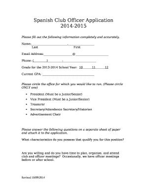 Club Officer Application Example  Form