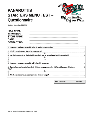Restaurant Menu Test Template  Form