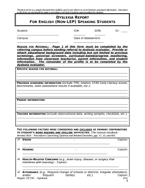 Dyslexia Progress Report Template  Form