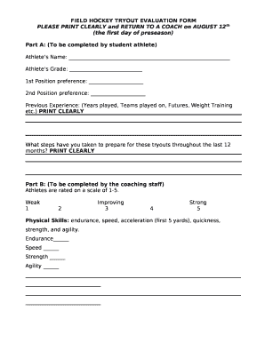 Field Hockey Tryout Rubric  Form