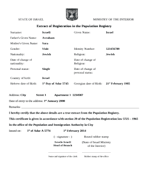 Extract of Registration in the Population Registry  Form