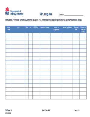 Instructions PPE Register Completed by Personnel Issued with PPE  Form