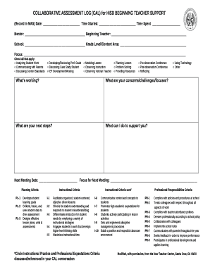 COLLABORATIVE ASSESSMENT LOG CAL for HISD BEGINNING TEACHER SUPPORT  Form