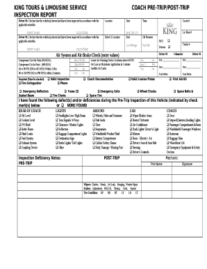 KING TOURS &amp; LIMOUSINE SERVICECOACH PRE TRIPPOST TRIP INSPECTION REPORT  Form