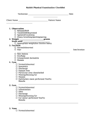 Rabbit Physical Examination Checklist  Form