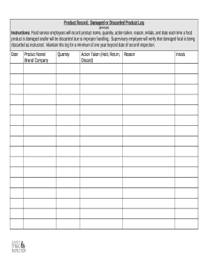 Product RecordDamaged or Discarded Product Log  Form