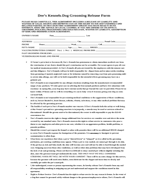 Dees Kennels Dog Grooming Release Form