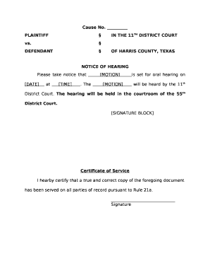 Example of Motion to Set Hearing Texas  Form