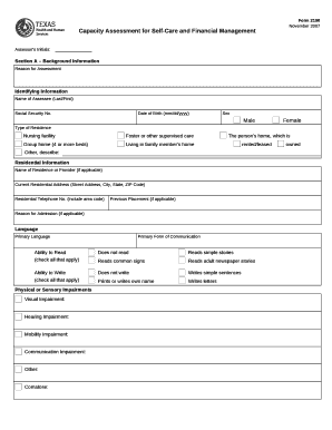 Capacity Assessment for Self Care and Financial Management  Form
