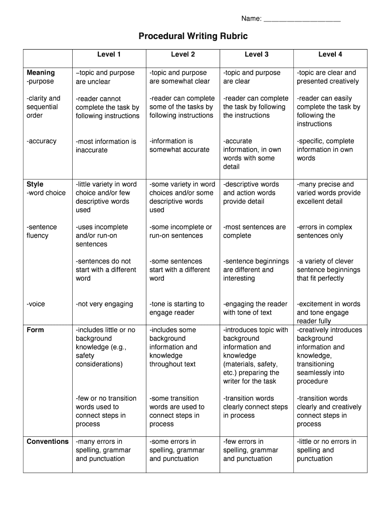 Procedure Writing Rubric  Form