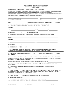 TRANSITION CENTER WORKSHEET  Form