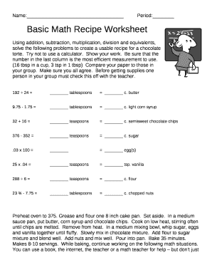 Basic Math Recipe Worksheet Answer Key  Form