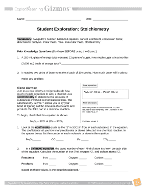 Student Exploration Stoichiometry Answer Key  Form