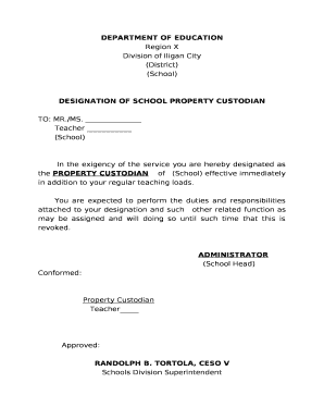 Sample Designation of School Property Custodian  Form