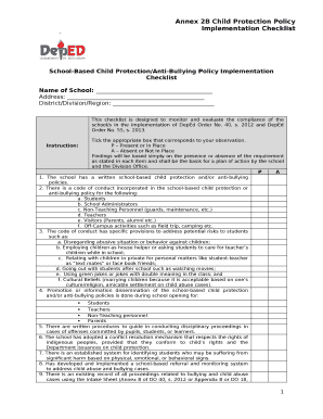 Child Protection Policy Implementation Checklist  Form