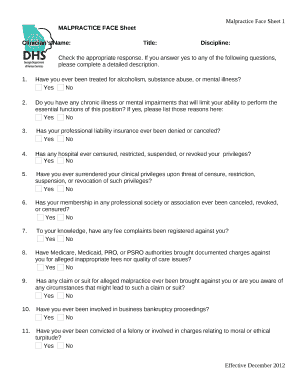 Malpractice Face Sheet  Form