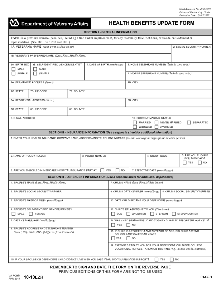  Va Form 10 10ezr 2017