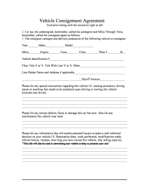 Vehicle Consignment Agreement Template  Form