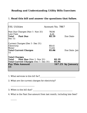 Reading a Utility Bill Worksheet  Form