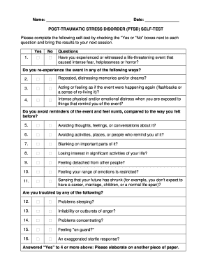 POST TRAUMATIC STRESS DISORDER PTSD SELF TEST  Form