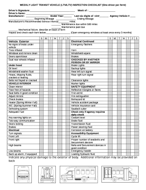 WEEKLY LIGHT TRANSIT VEHICLE LTNLTV INSPECTION CHECKLIST One Driver Per Form