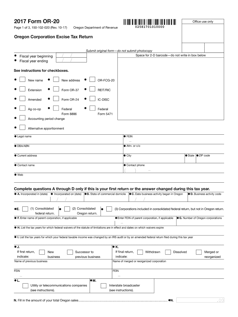  , Form or 20, Oregon Corporation Excise Tax Return, 150 102 020 2020