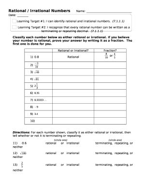 Rational and Irrational Numbers Worksheet with Answers PDF  Form