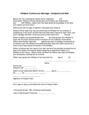 Affidavit of Continuous Marriage Florida  Form