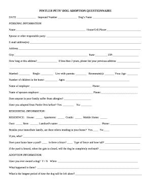 Dog Adoption Questionnaire Template  Form