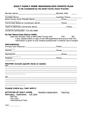 ADULT FAMILY HOME INDIVIDUALIZED SERVICE PLAN  Form