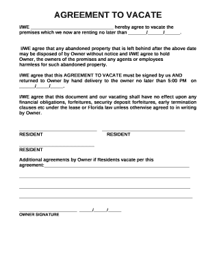 Agreement to Vacate Premises Template  Form