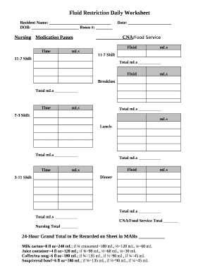 Fluid Restriction Daily Worksheet  Form
