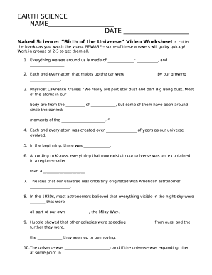 Birth of the Universe Answer Key  Form