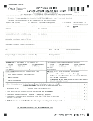 Ohio SD 100 School District Income Tax Return  Form