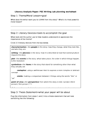 Literary Analysis Paper PSC Writing Lab Planning Worksheet  Form