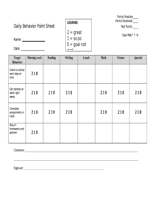 Behavior Point Sheet Template  Form