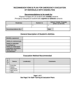 Student Emergency Evacuation Plan Template  Form