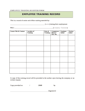 Training Register Template  Form