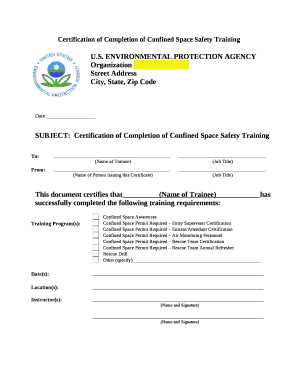 Confined Space Training Certificate Template  Form