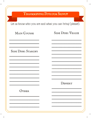 Printable Thanksgiving Potluck Sign Up Sheet  Form