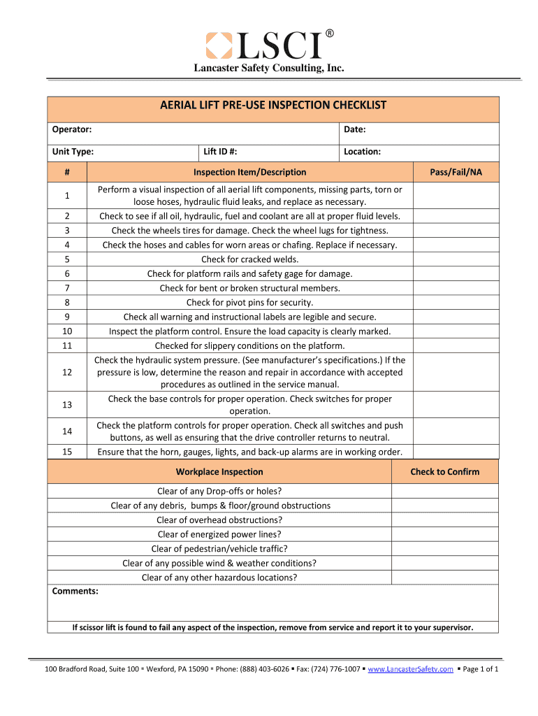 AERIAL LIFT PRE USE INSPECTION CHECKLIST  Form