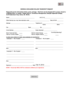 Get and Sign Georgia Highland Transcript 2012-2022 Form