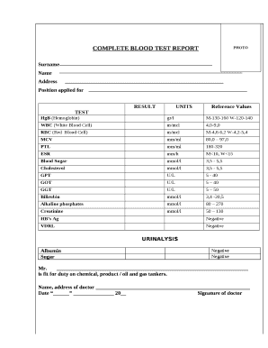 Blood Test Report Format in Word