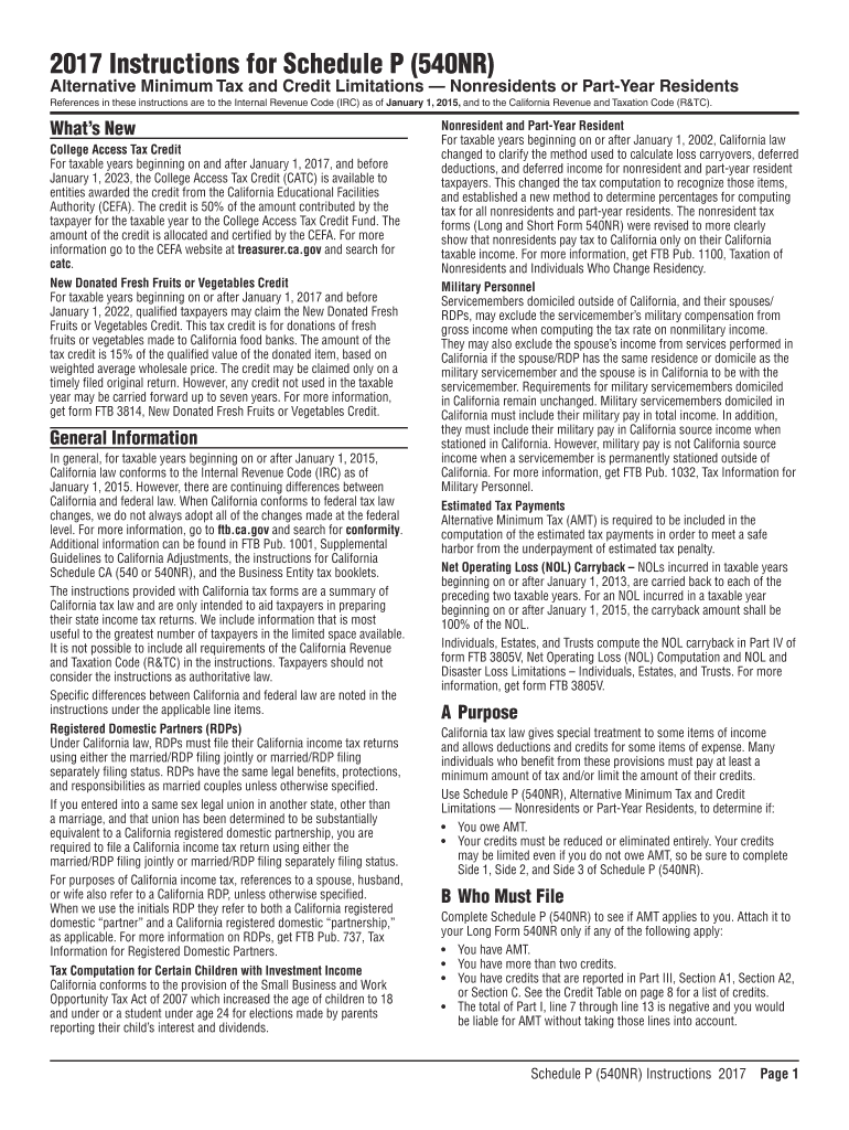 Schedule P 540NR Alternative Minimum Tax and Credit LimitationsNonresidents or Part Year Residents Instructions Schedule P 540NR  Form