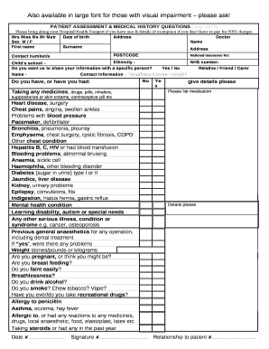 Patient History Questions  Form