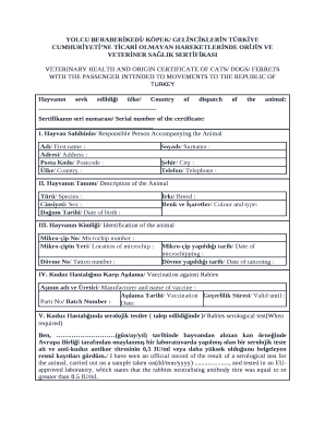 Veterinary Health and Ricin Certificate of Cats Dogs Ferrets with the Passenger Intended to Movements to the Repuclic of Turkey  Form