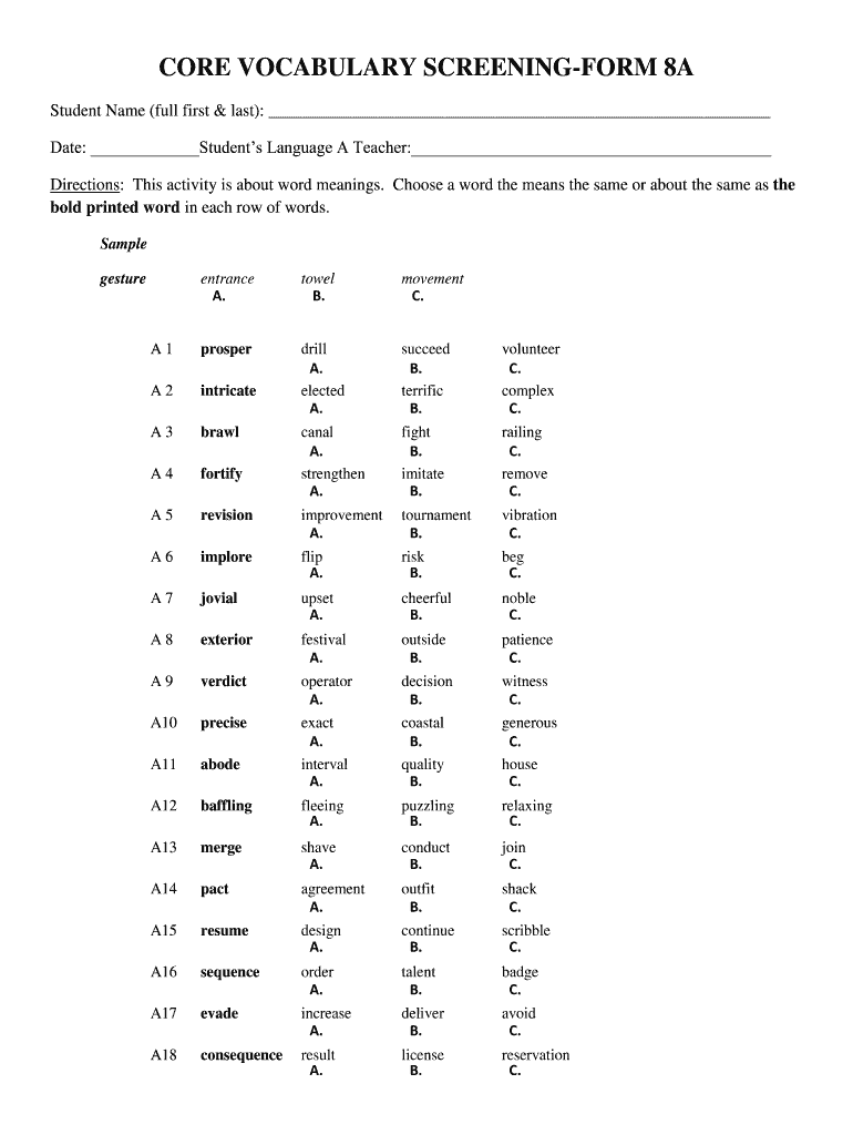 Core Vocabulary Assessment PDF  Form