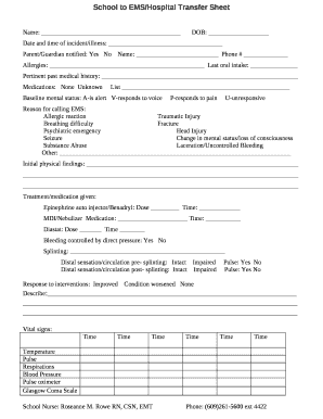 School to EMSHospital Transfer Sheet  Form