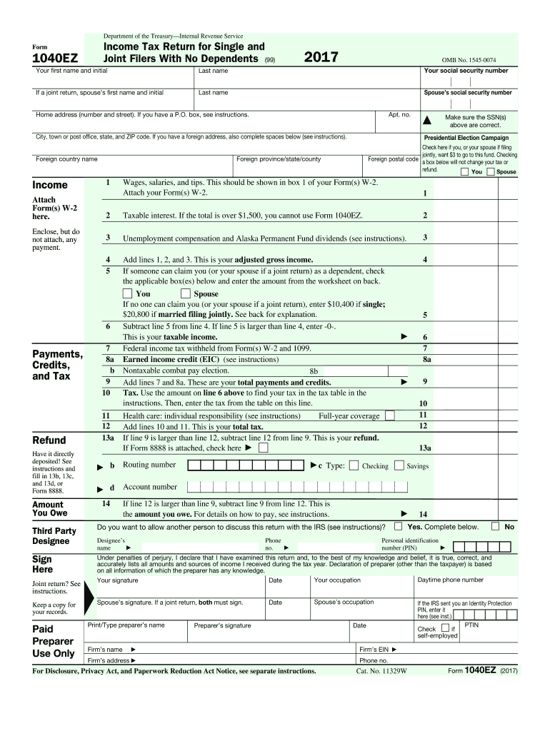 1040ez Form 2017 2022 Fill Out And Sign Printable PDF Template SignNow