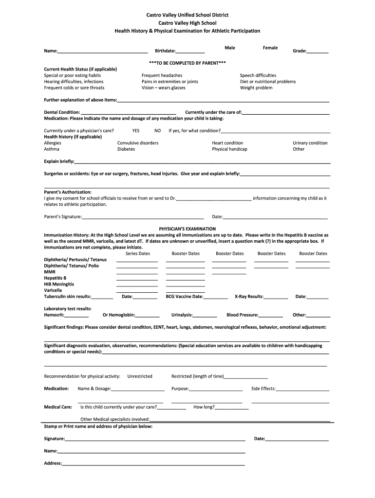 Physical Exam Form PDF  Castro Valley High School  Castrovalleyhigh
